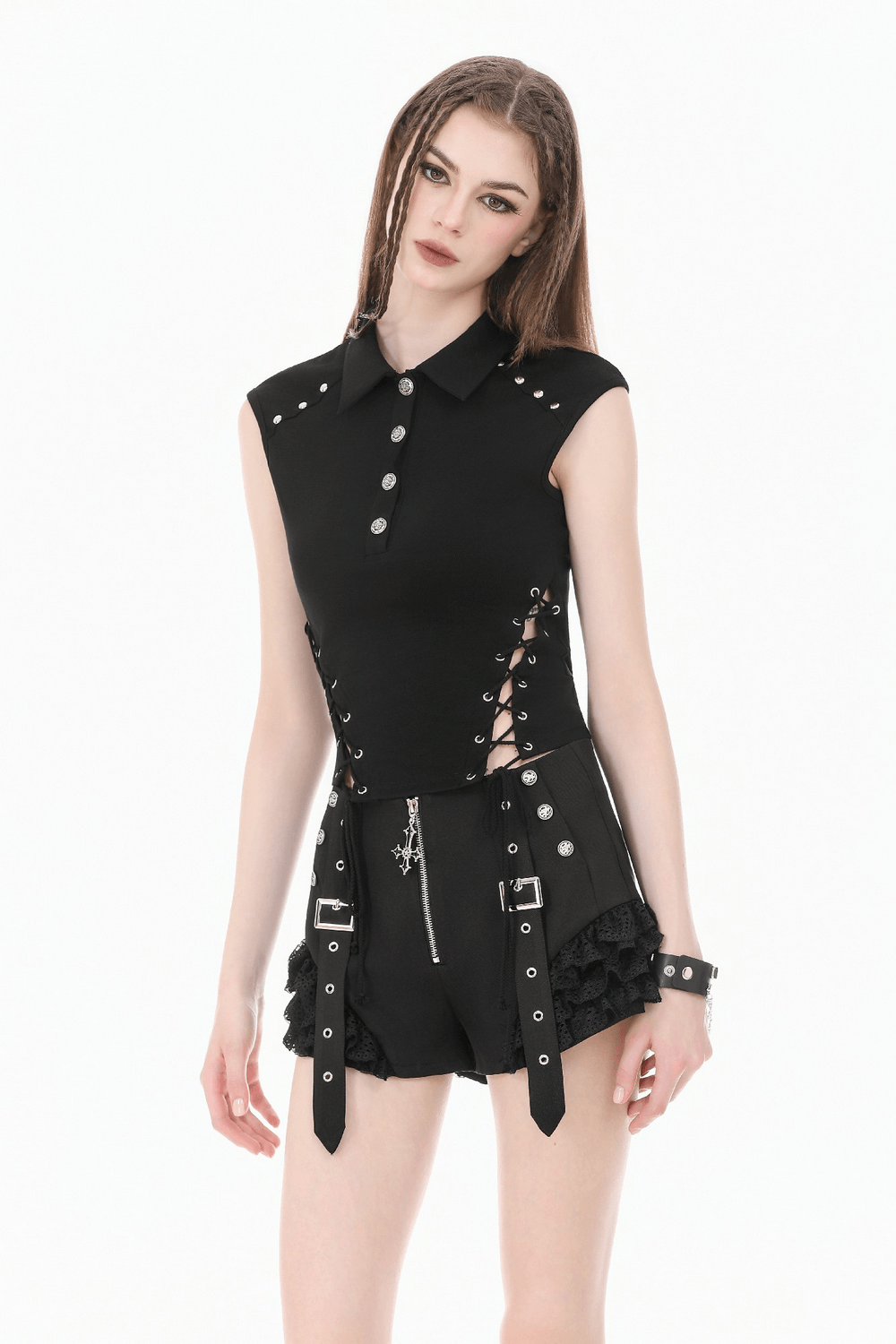 Alternative Sleeveless Collared Top With Side Lace-Up Detail