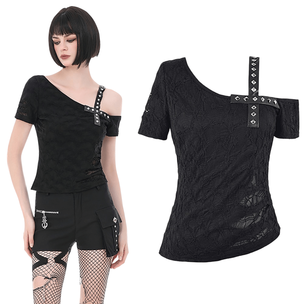 Alternative Spider Lace One Shoulder Studded Top