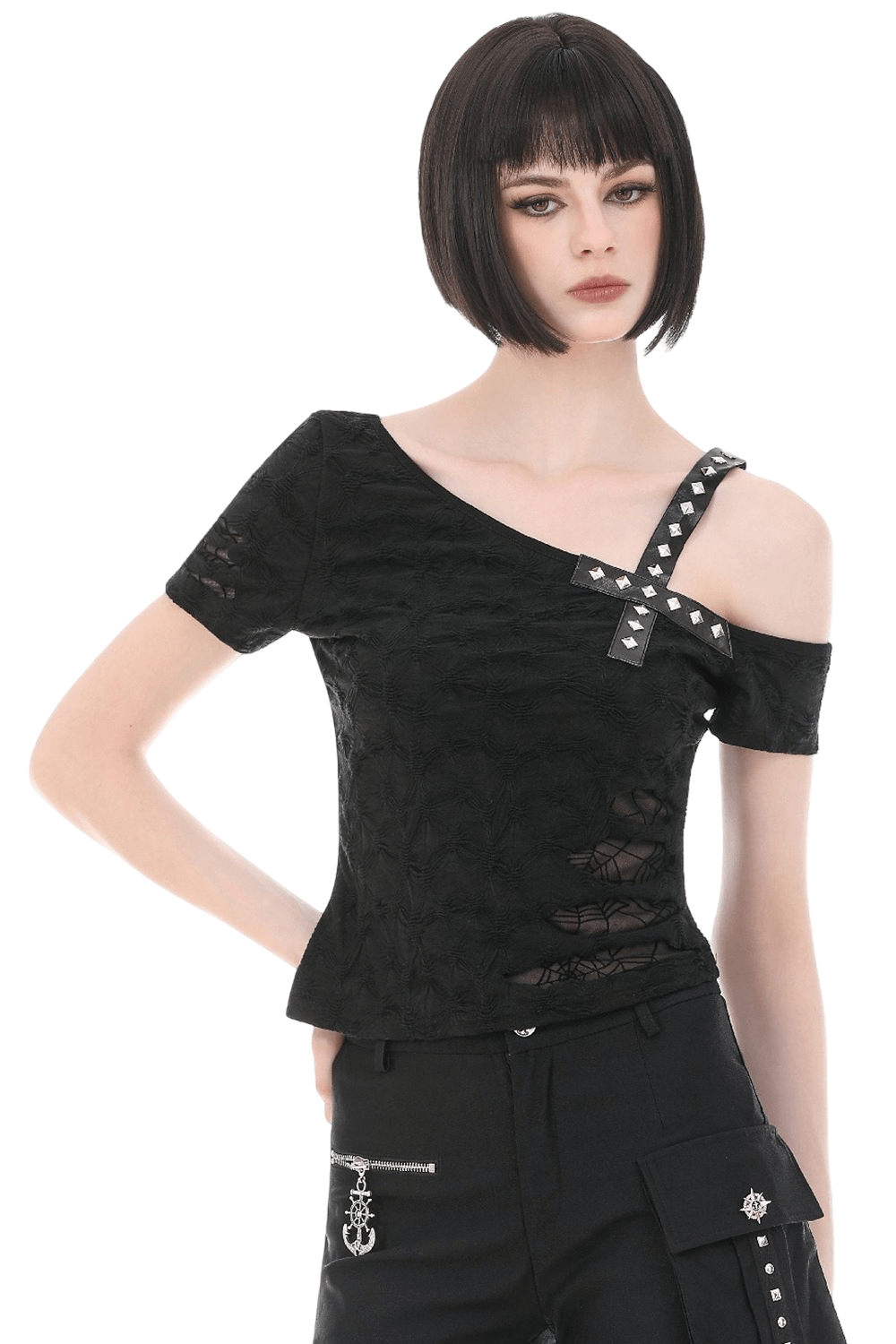 Alternative Spider Lace One Shoulder Studded Top