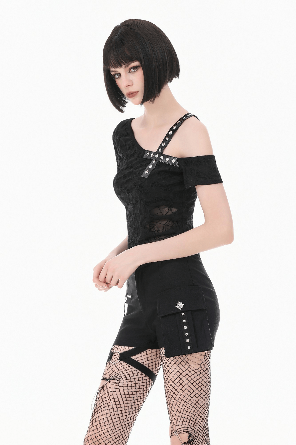 Alternative Spider Lace One Shoulder Studded Top