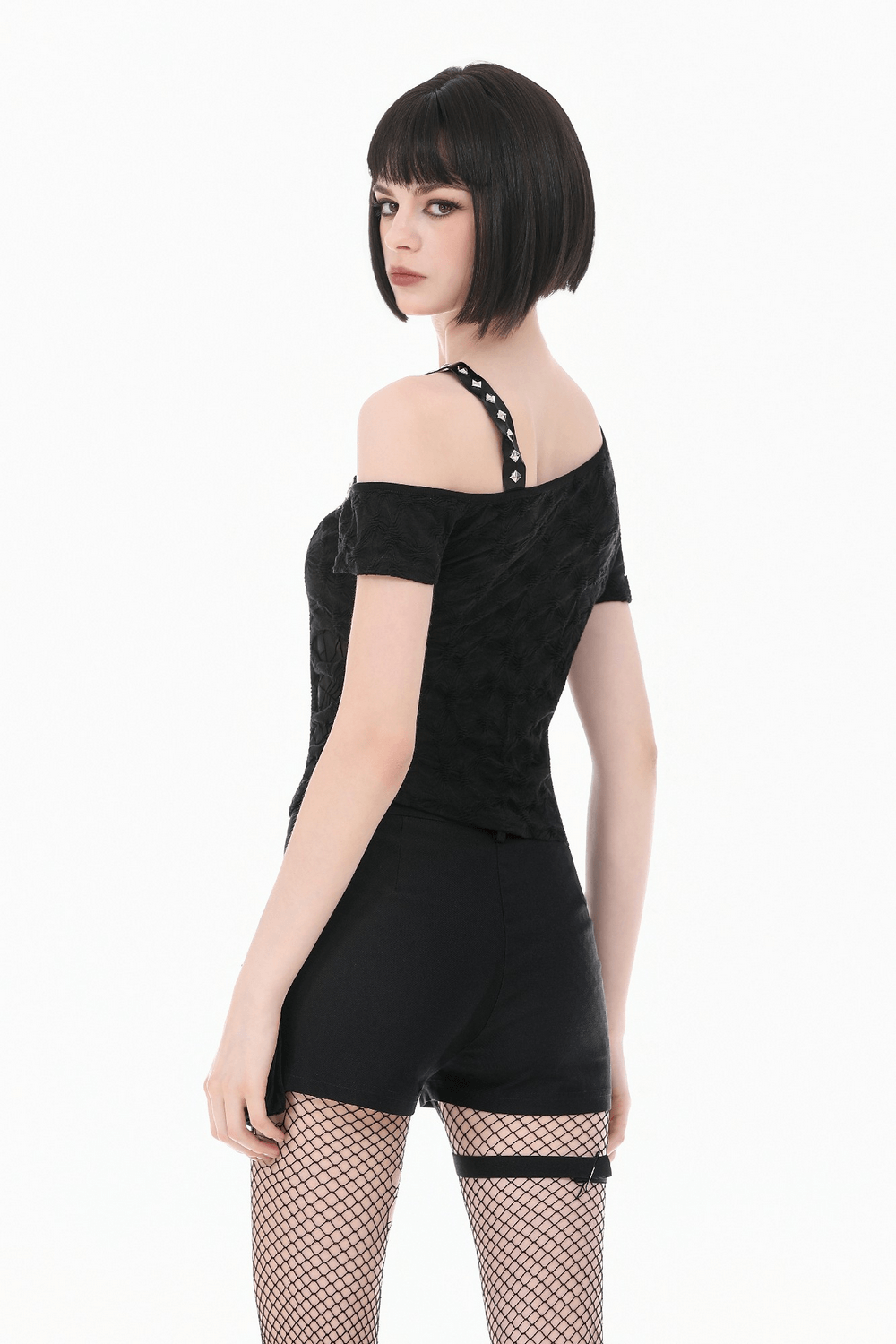 Alternative Spider Lace One Shoulder Studded Top