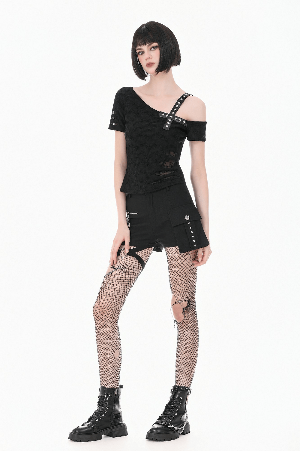 Alternative Spider Lace One Shoulder Studded Top