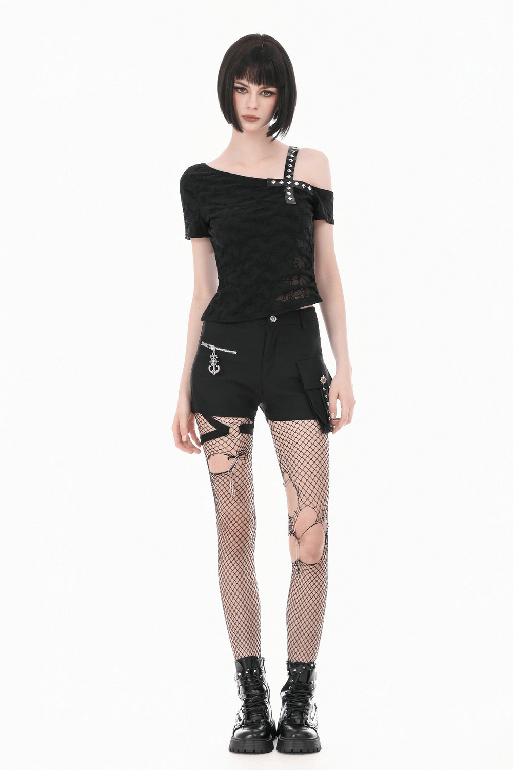 Alternative Spider Lace One Shoulder Studded Top