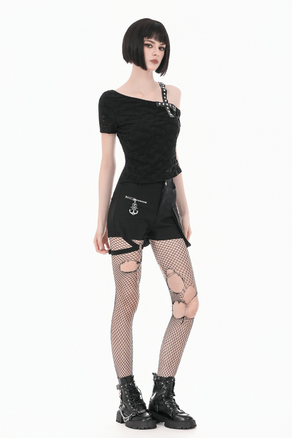 Alternative Spider Lace One Shoulder Studded Top