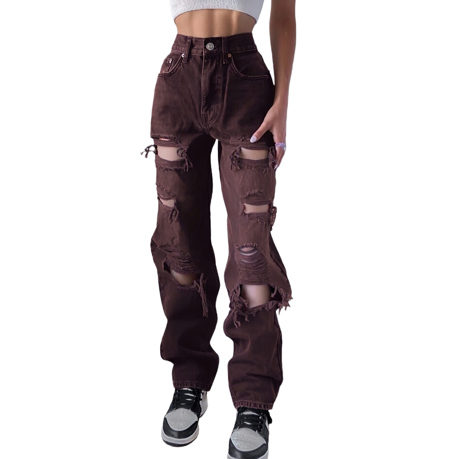 Alternative Women's Black Jeans / High Waist Lady Streetwear / Hole Loose Female Pants - HARD'N'HEAVY