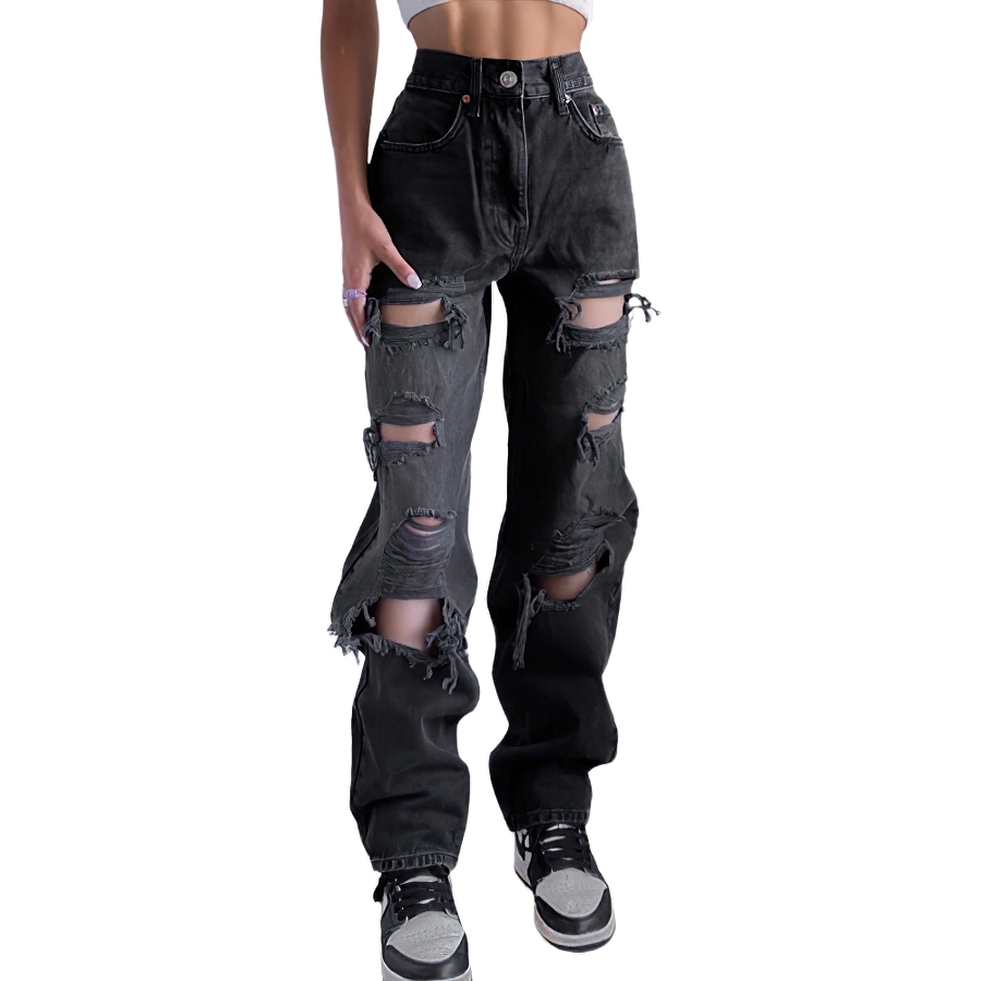 Alternative Women's Black Jeans / High Waist Lady Streetwear / Hole Loose Female Pants - HARD'N'HEAVY