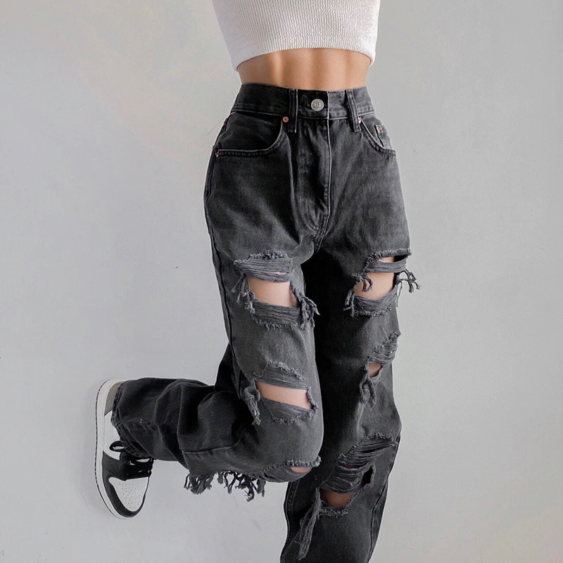 Alternative Women's Black Jeans / High Waist Lady Streetwear / Hole Loose Female Pants - HARD'N'HEAVY