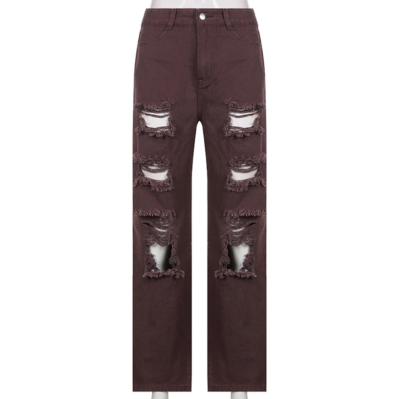 Alternative Women's Black Jeans / High Waist Lady Streetwear / Hole Loose Female Pants - HARD'N'HEAVY