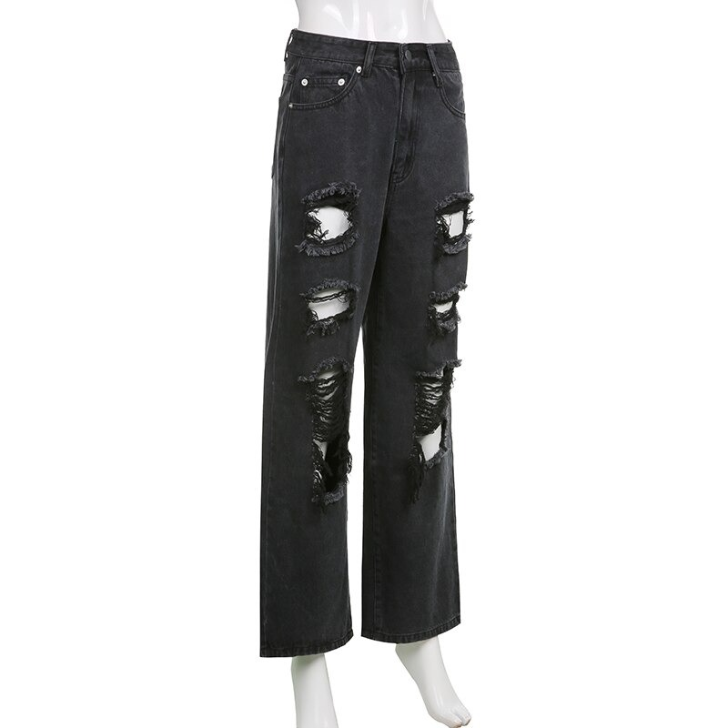 Alternative Women's Black Jeans / High Waist Lady Streetwear / Hole Loose Female Pants - HARD'N'HEAVY