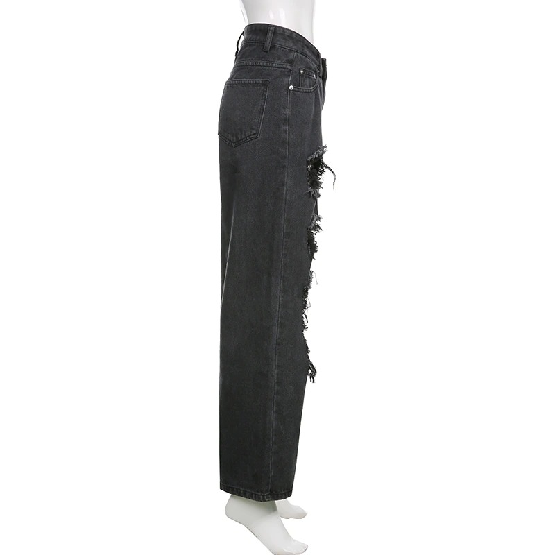 Alternative Women's Black Jeans / High Waist Lady Streetwear / Hole Loose Female Pants - HARD'N'HEAVY