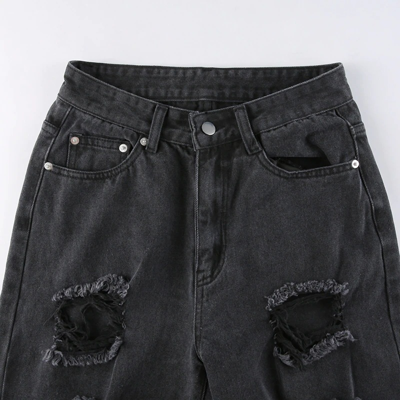 Alternative Women's Black Jeans / High Waist Lady Streetwear / Hole Loose Female Pants - HARD'N'HEAVY
