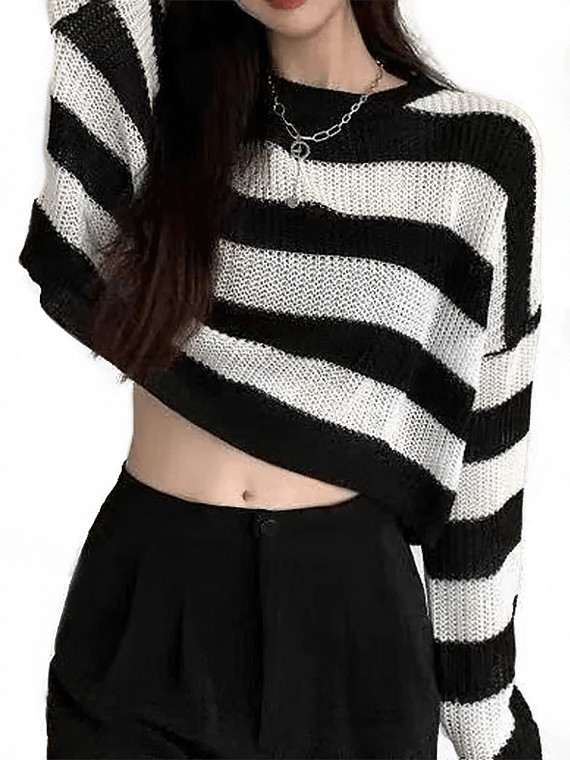 Alternative women's cropped long sleeve sweater with black and white stripes, perfect for spring and fall.