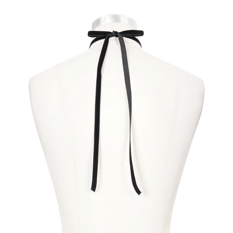 Black lace tie with elegant ribbons for women, perfect vintage gothic accessory with a stylish brooch detail.