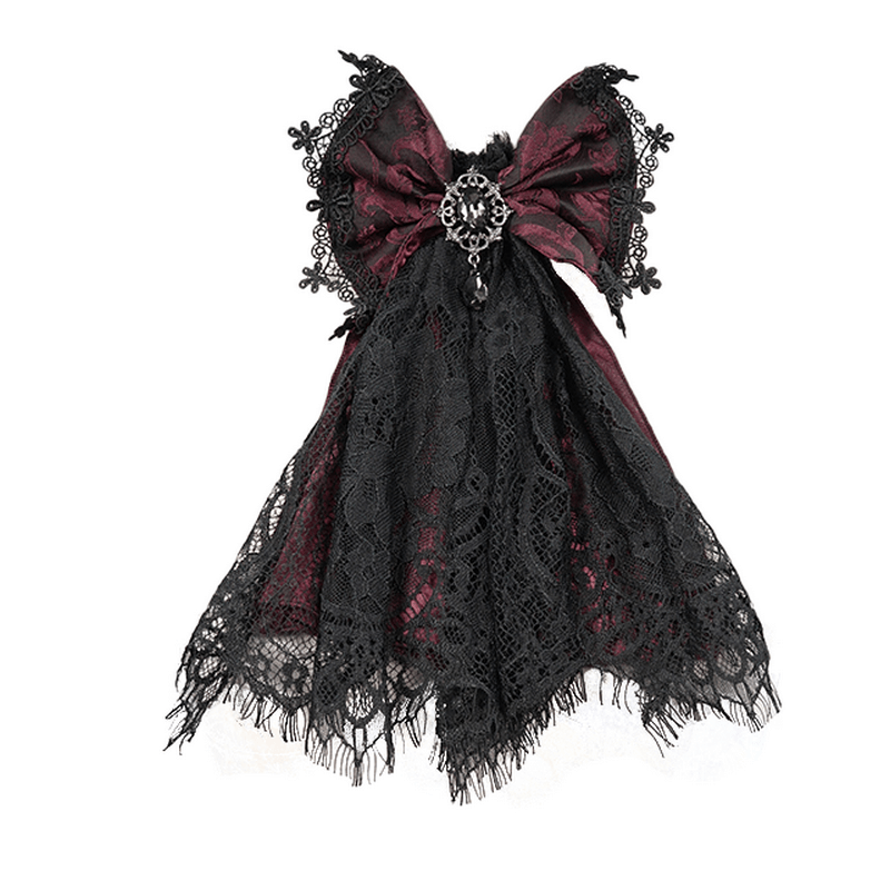 Vintage gothic black lace tie with intricate bow and silver brooch for women's stylish accessories.