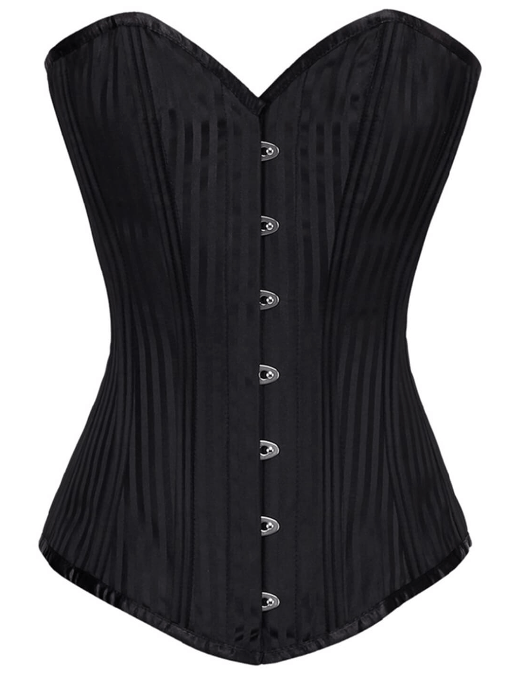 Amanda Gothic Brocade Waist Training Corset, black with metal busk closure and structured design for a flattering fit.