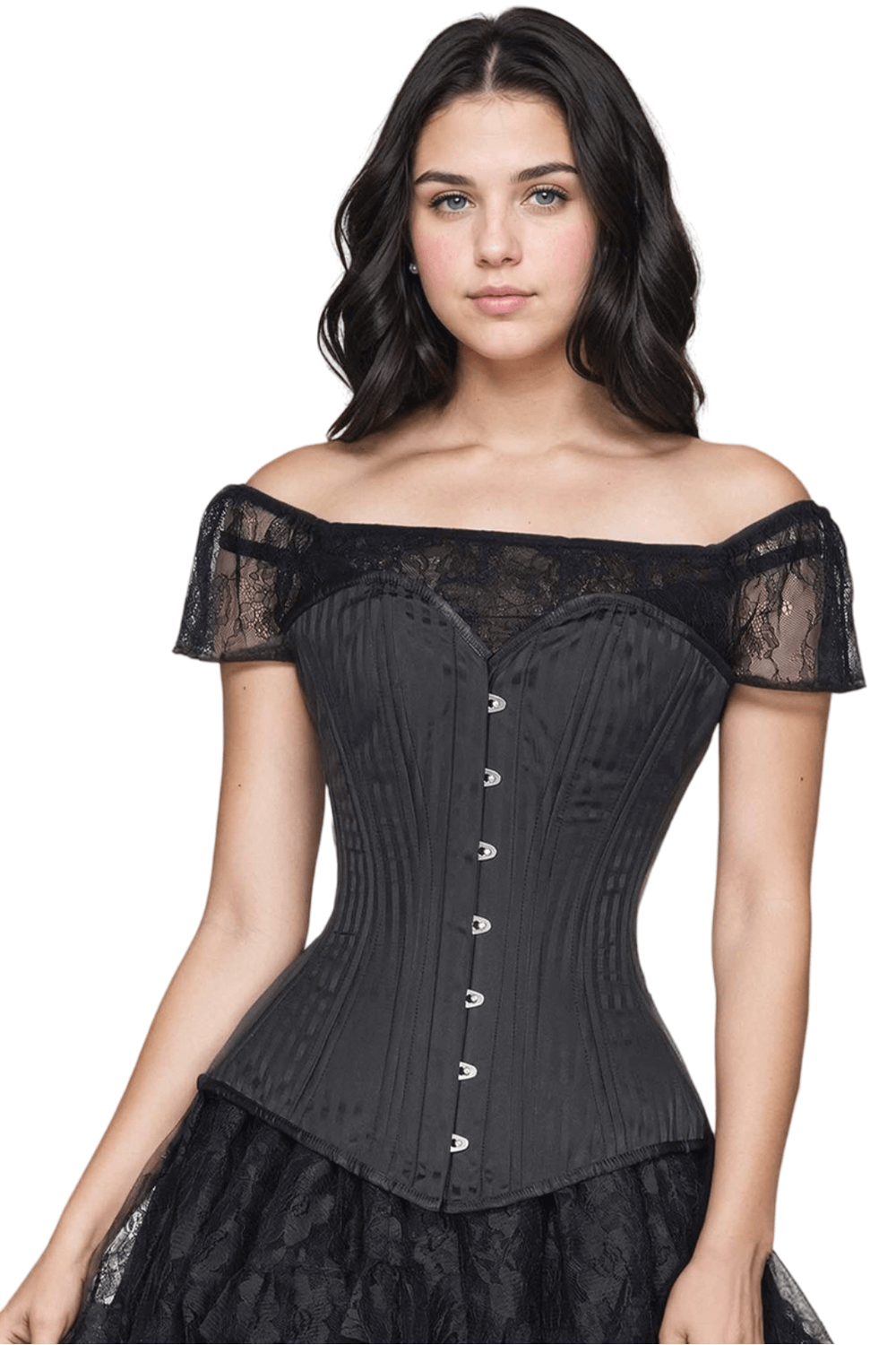 Amanda brocade waist training corset in black worn by model with off-shoulder lace sleeves, showcasing gothic style.