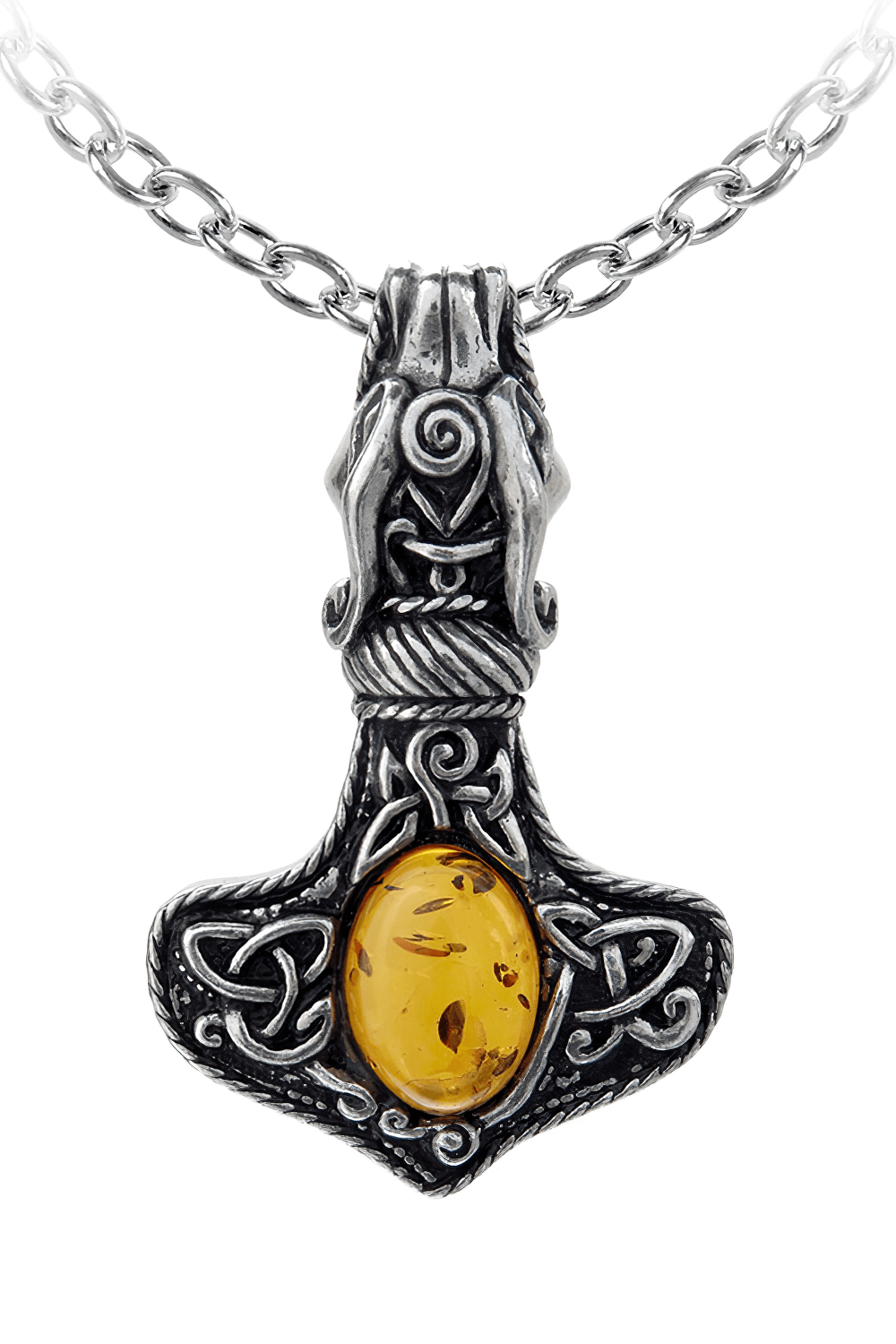 Amber Norse Thor Hammer Pendant with Celtic knotwork and dragon design, featuring genuine amber gemstone.