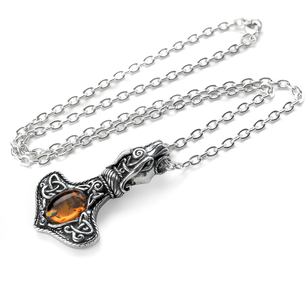 Amber Norse Thor Hammer Pendant with dragon design and Celtic knotwork on silver chain.