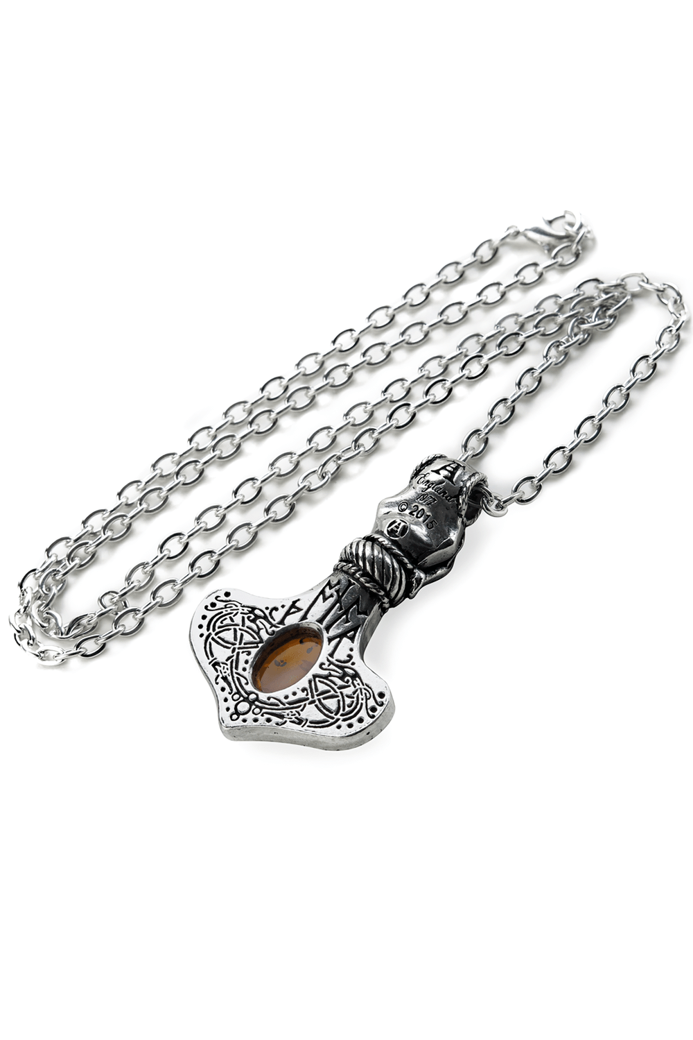 Amber Norse Thor Hammer pendant with dragon design and Celtic knotwork, featuring a genuine amber gemstone.