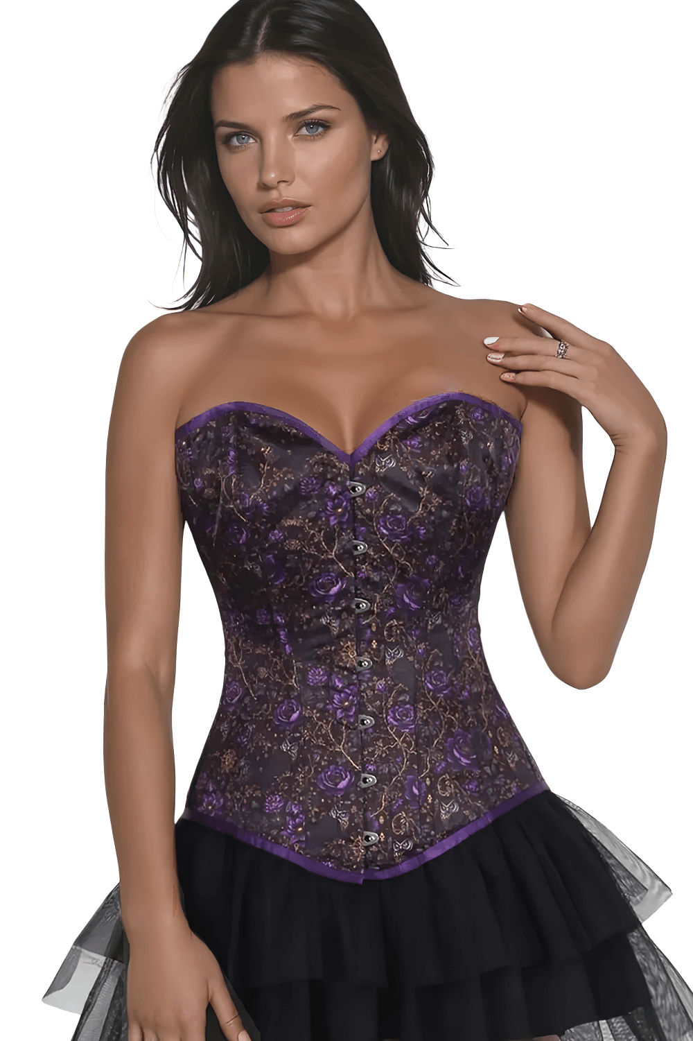Amberly Overbust Corset in purple floral design, perfect for Gothic elegance and enhancing natural shape.
