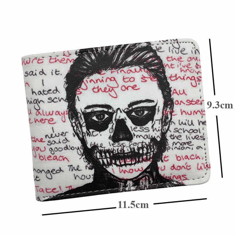American Horror Story wallet featuring skull design with red text, unisex PU leather in black and white, stylish alternative accessory.