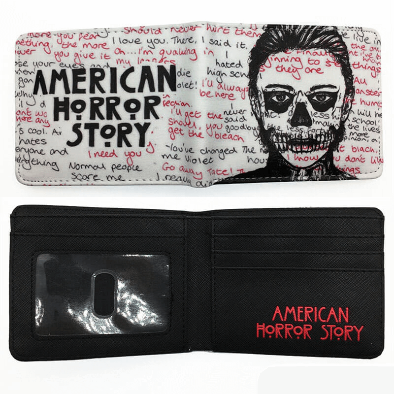 Stylish American Horror Story printed wallet with black and white design, featuring a skull graphic and iconic text.