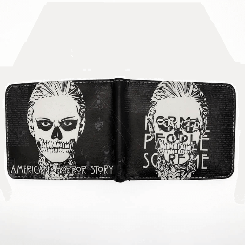 Black and white American Horror Story printed wallet featuring skull design and iconic quotes.