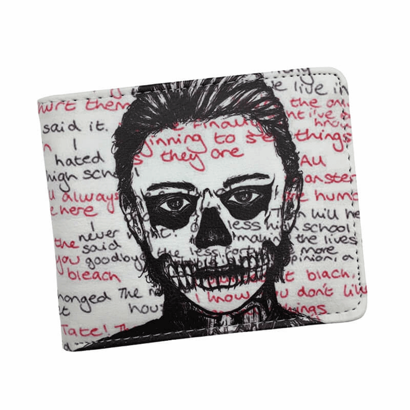 Unisex black and white 'American Horror Story' wallet featuring a skull graphic and handwritten quotes.