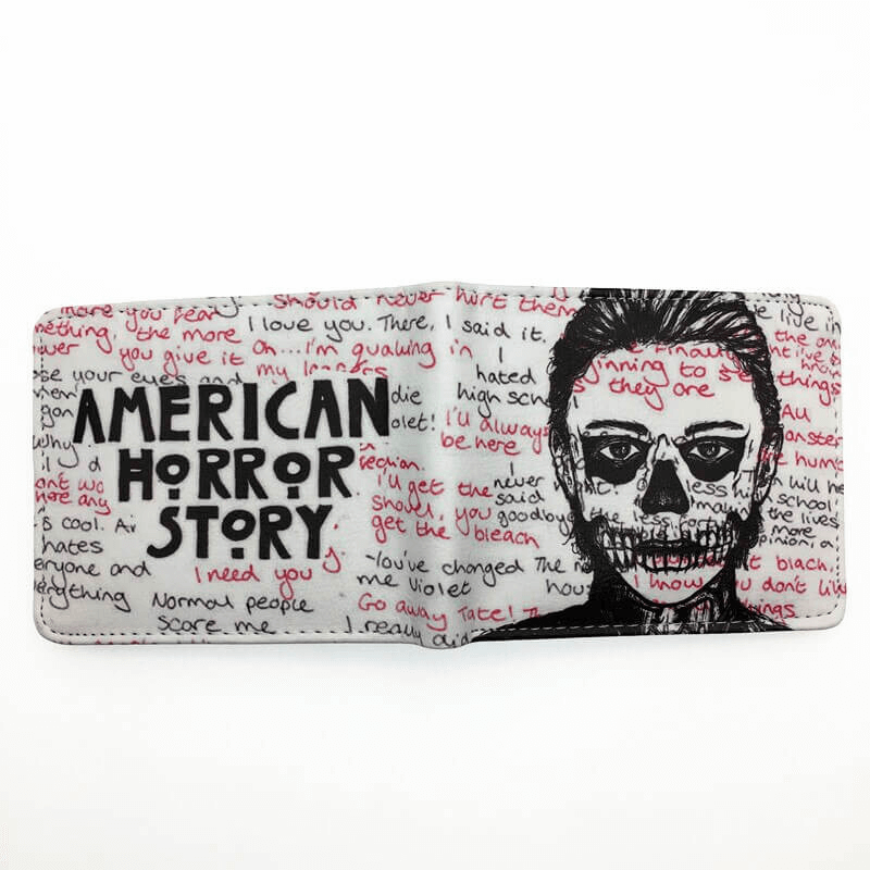 Unisex American Horror Story printed wallet showcasing black-and-white design with skull and text details.