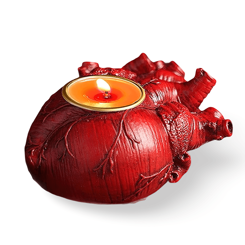 Anatomy Candle Holder for Gothic Horror Decor in red heart shape with candle, perfect for dark decor.
