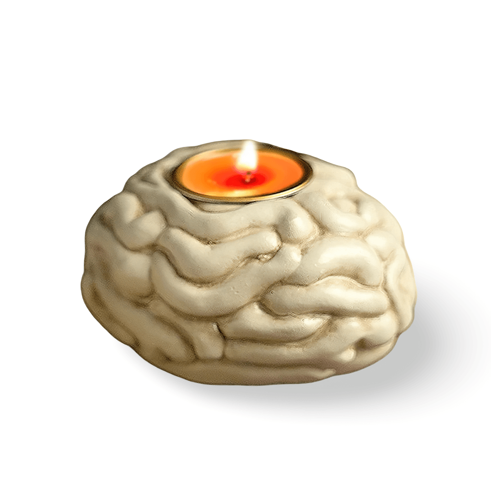 Anatomy Candle Holder for Gothic Horror Decor – brain design tea light holder with warm orange candle light.