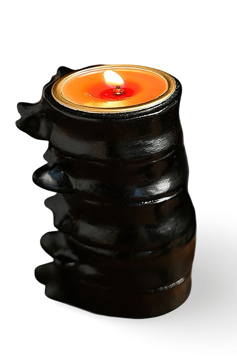 Anatomy Candle Holder for Gothic Horror Decor - Black spine-shaped candle holder with burning tea light.