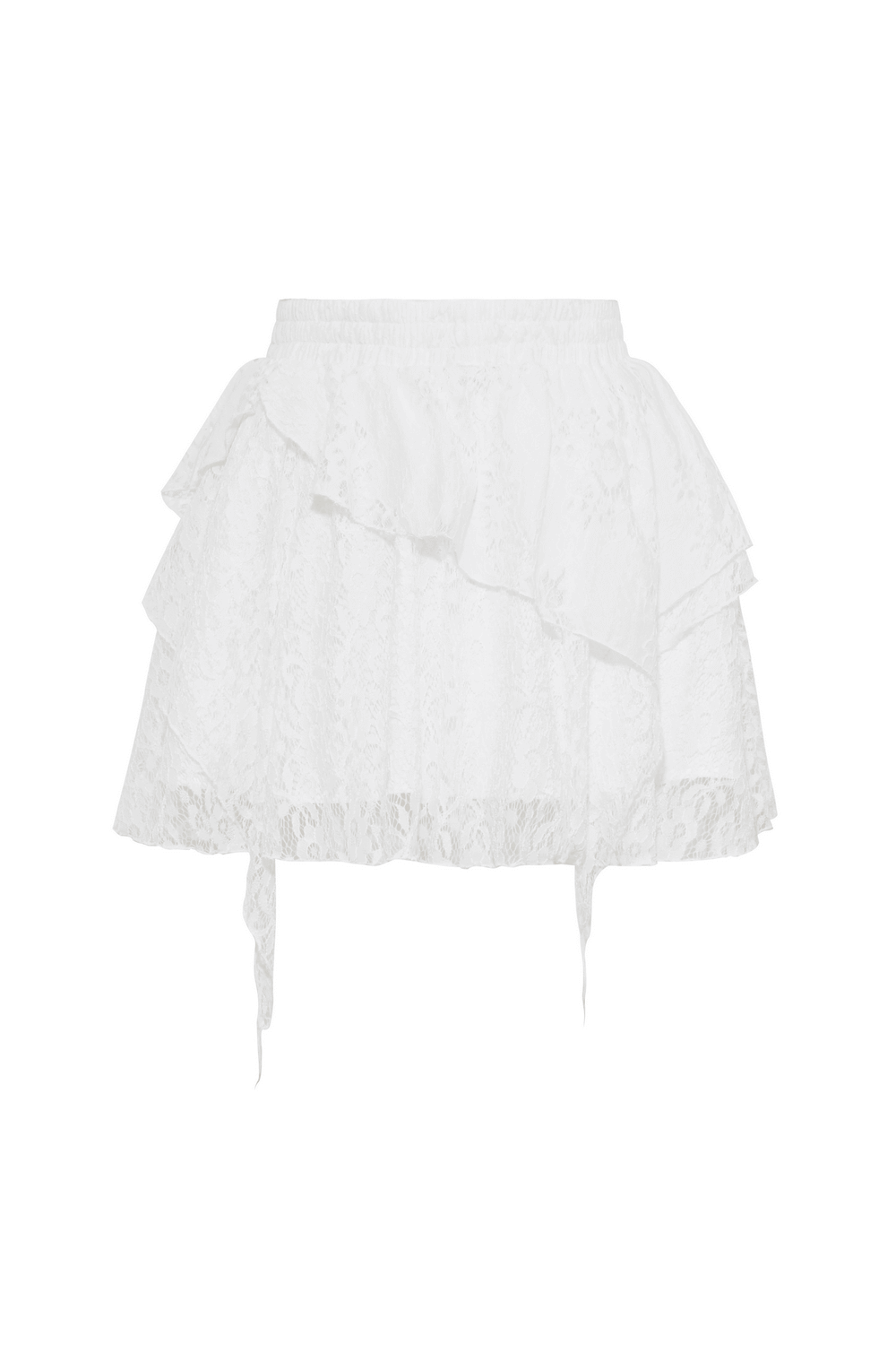 Angelic women's lace mini skirt with layered ruffles, perfect for nighttime adventures and clubbing.