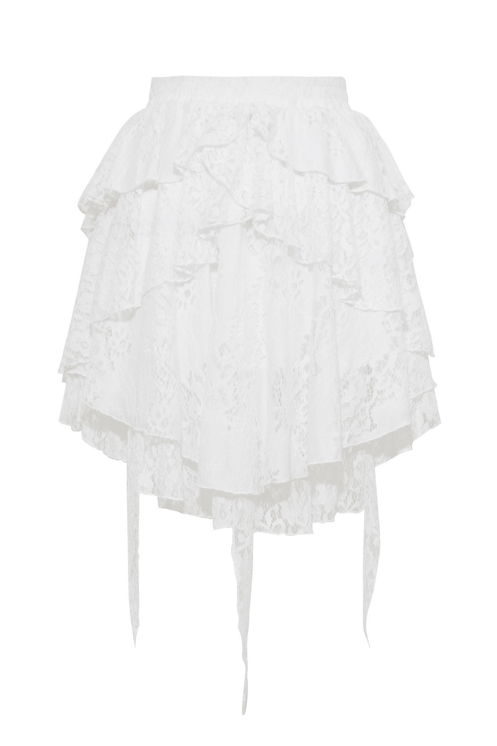 Angelic women's white lace mini skirt with layered ruffles, perfect for gothic nighttime adventures.