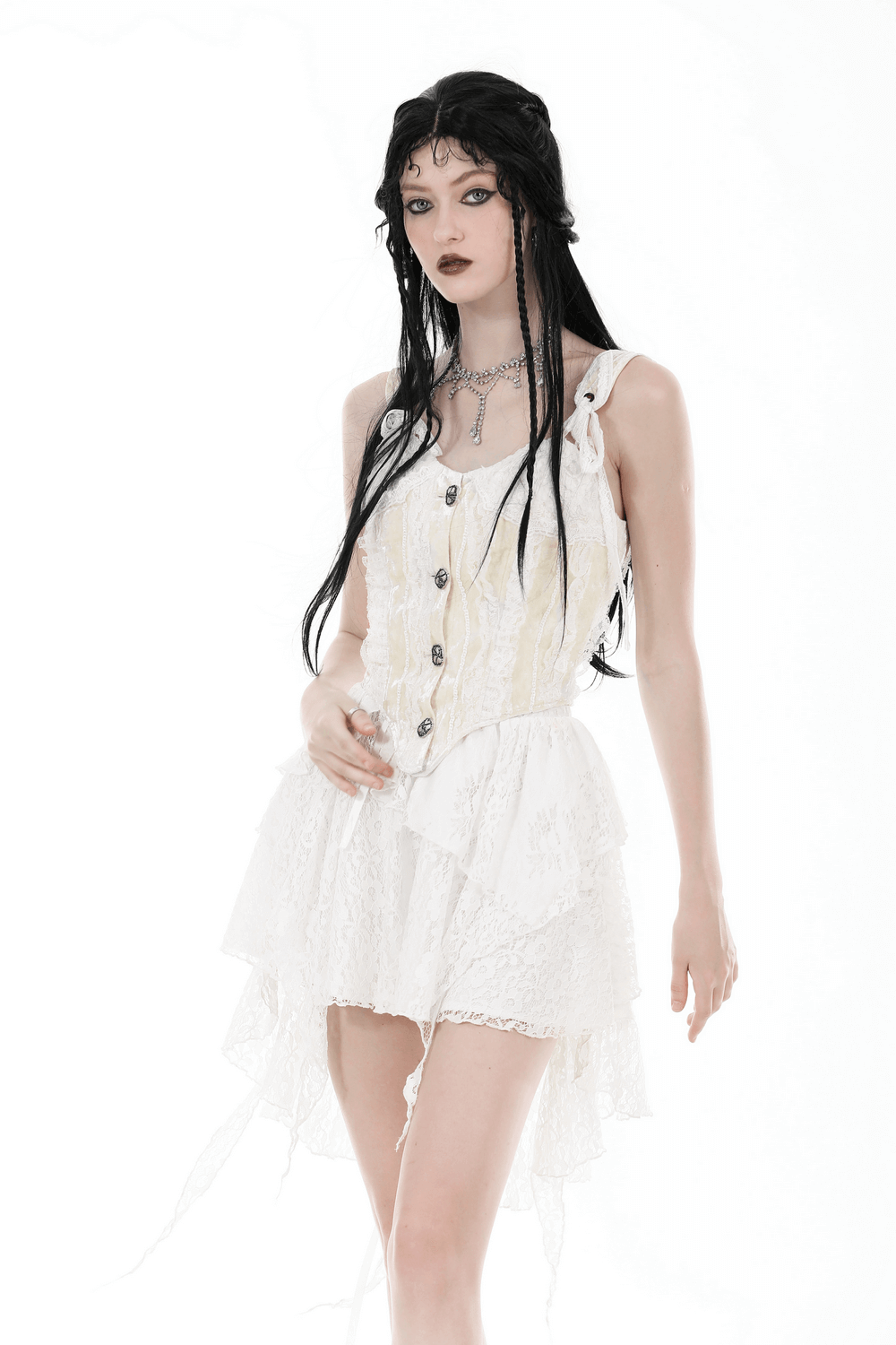 Angelic women's lace mini skirt with layered ruffles, perfect for gothic nighttime adventures.