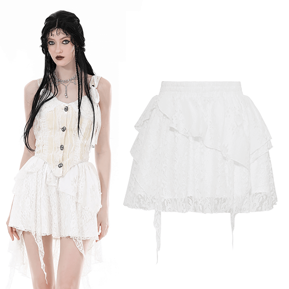 Angelic white lace mini skirt with layered ruffles, perfect for clubbing or nighttime adventures.