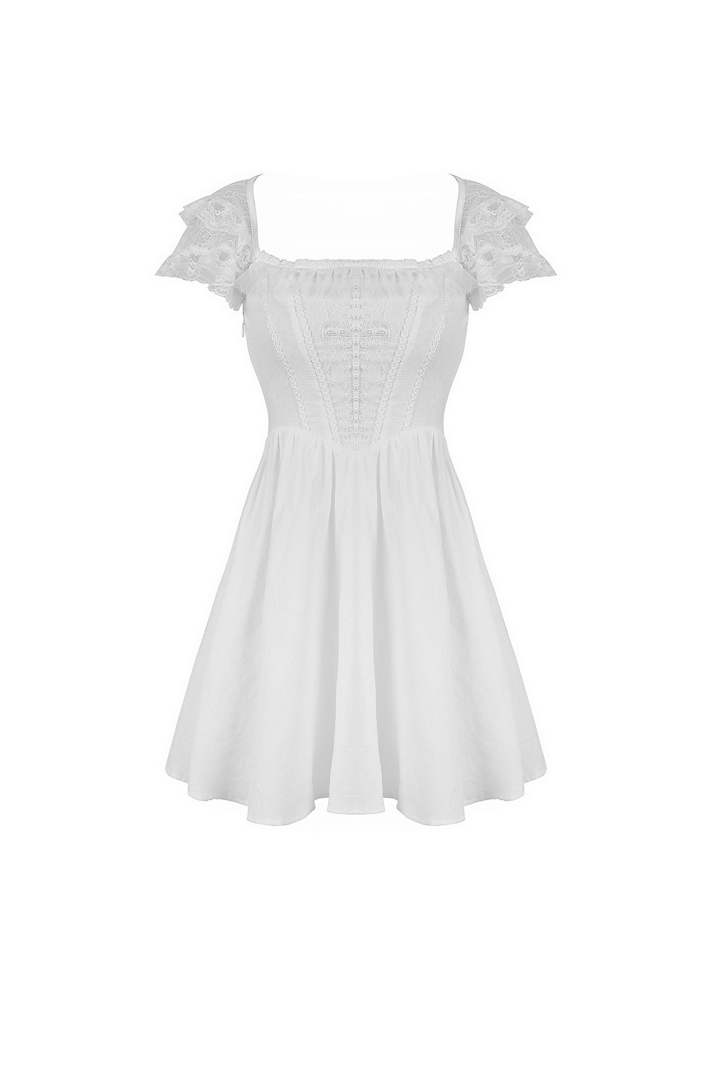 Angelic women's mini dress with lace and beading, featuring a square neckline and short sleeves, perfect for gothic fashion.