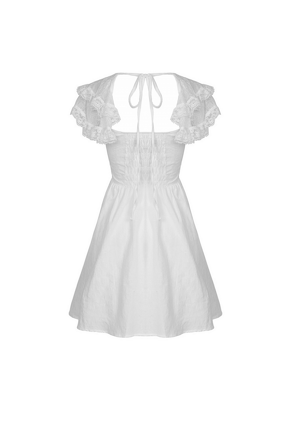 Angelic women's mini dress featuring lace ruffled sleeves and a cute back tie, perfect for gothic Lolita style.