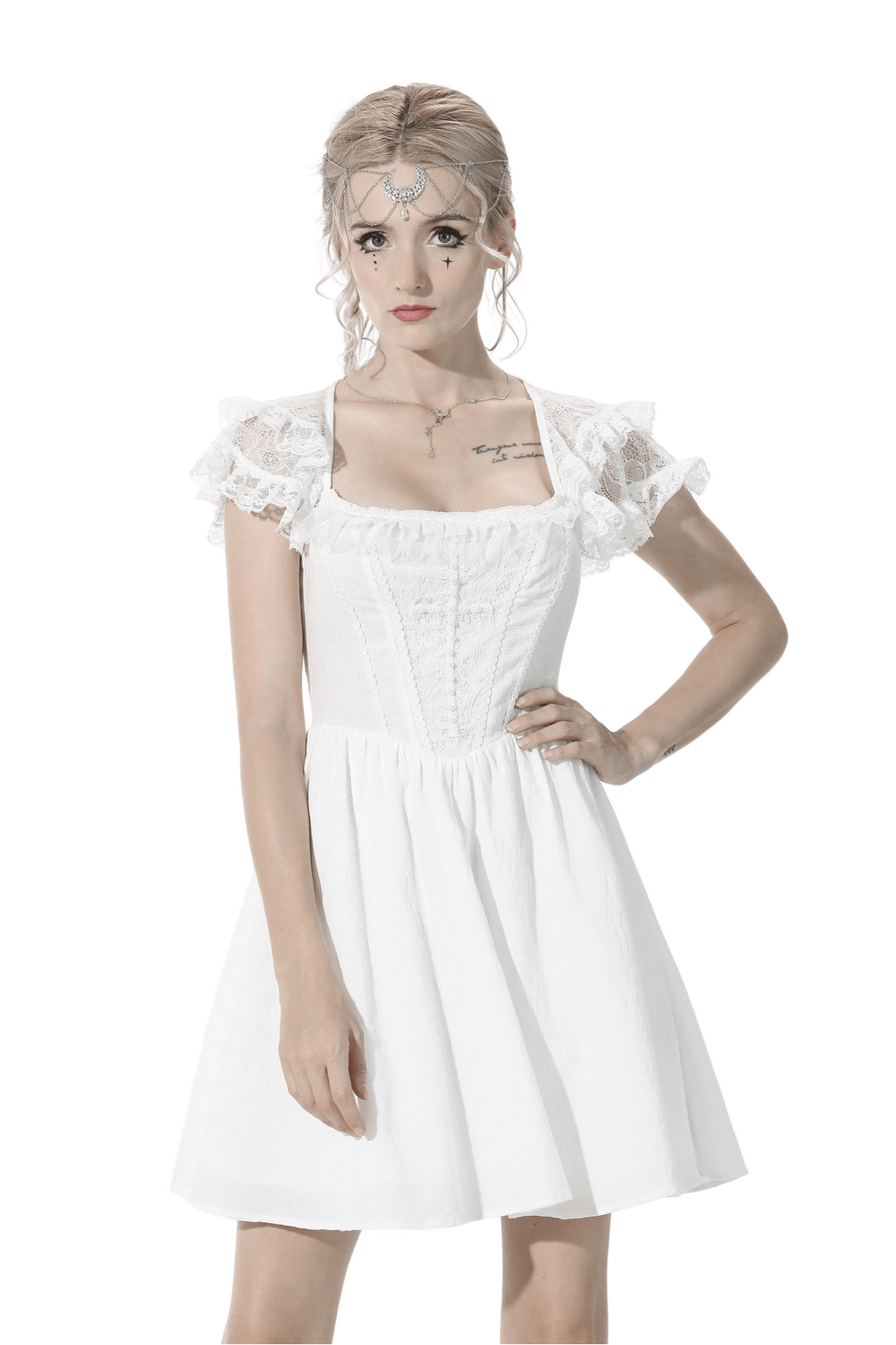 Angelic women's gothic Lolita mini dress with lace trim and beading, perfect for a graceful, enchanting look.