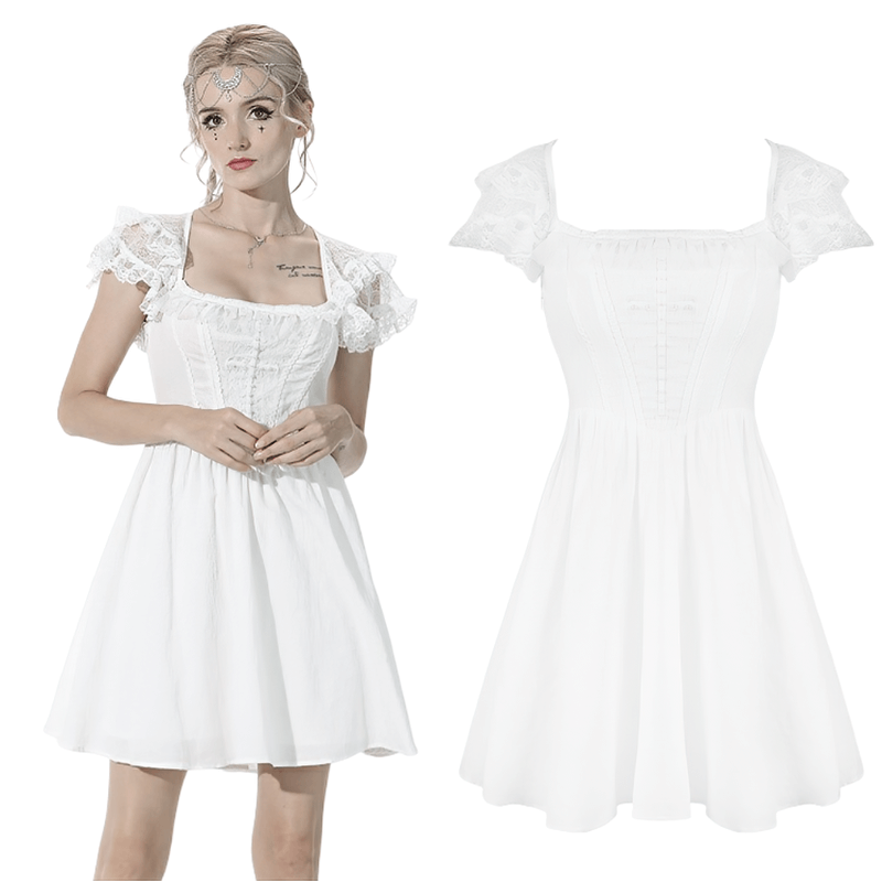 Angelic women's gothic Lolita mini dress featuring lace trim and cross-chest design, perfect for a sweet yet edgy look.