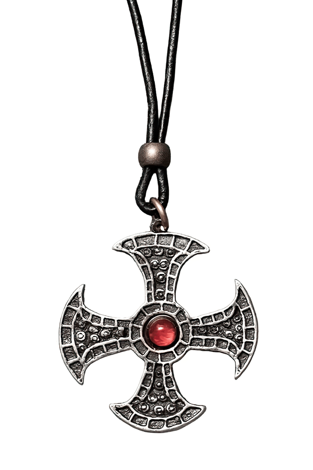 Anglo-Saxon Pewter Cross Pendant with Carnelian hanging on a black cord, featuring a red cabochon center.