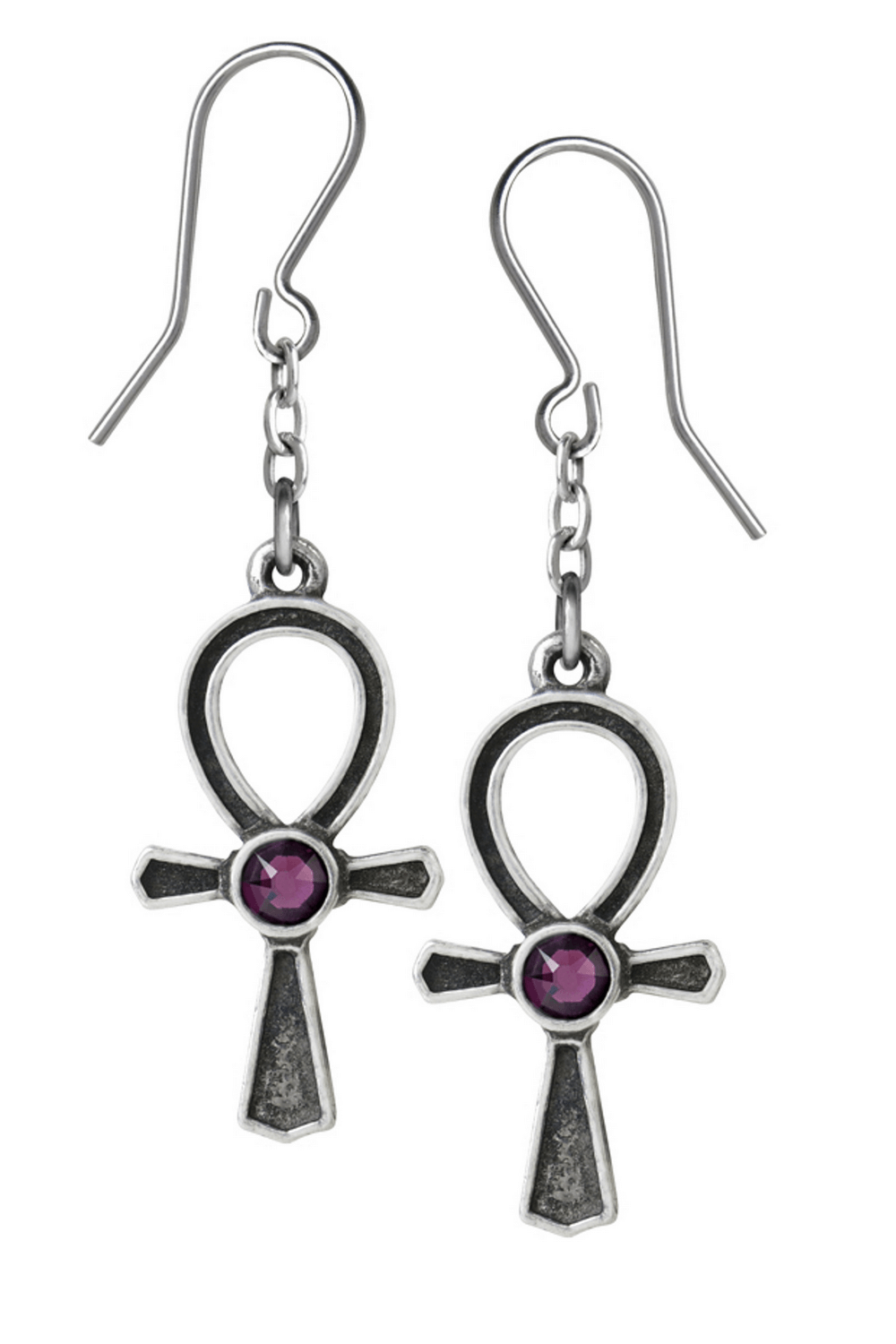 Elegant pewter Ankh earrings with vibrant amethyst gemstones and delicate chain drop, perfect gothic accessory.