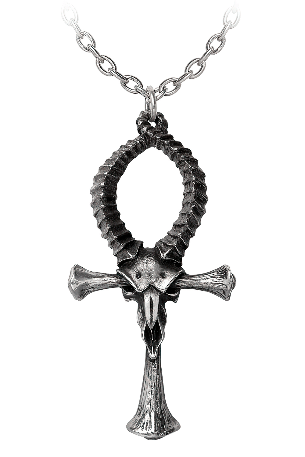Ankh of Ammon Pendant with ram skull and bone design, crafted in antiqued pewter, symbolizing power and duality.