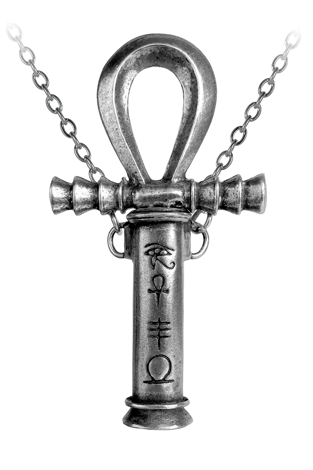 Ankh pendant with dagger and Egyptian hieroglyphs, symbolizing eternity and life over death.