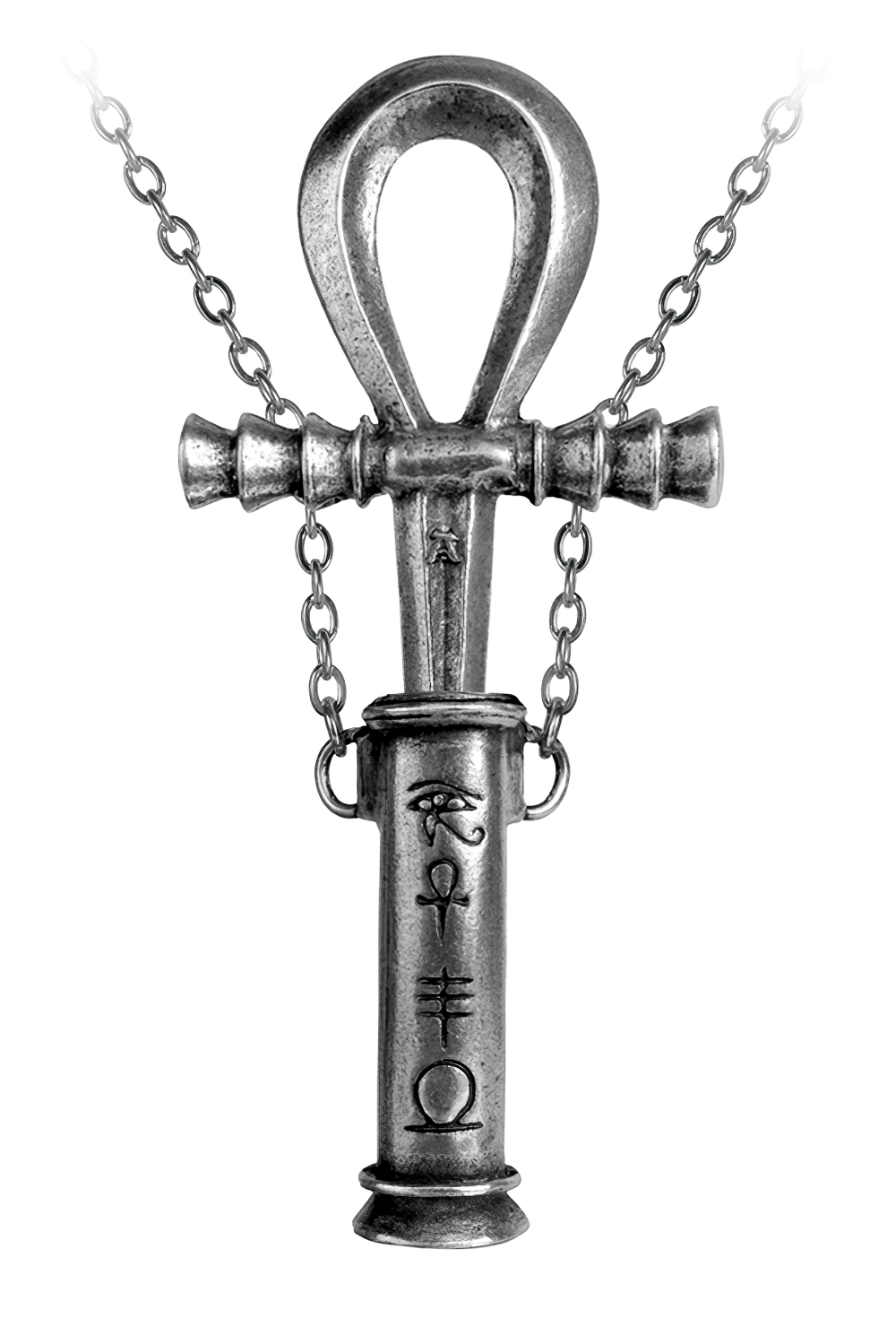 Ankh pendant featuring hieroglyphic engravings and removable dagger, symbolizing life and eternity.