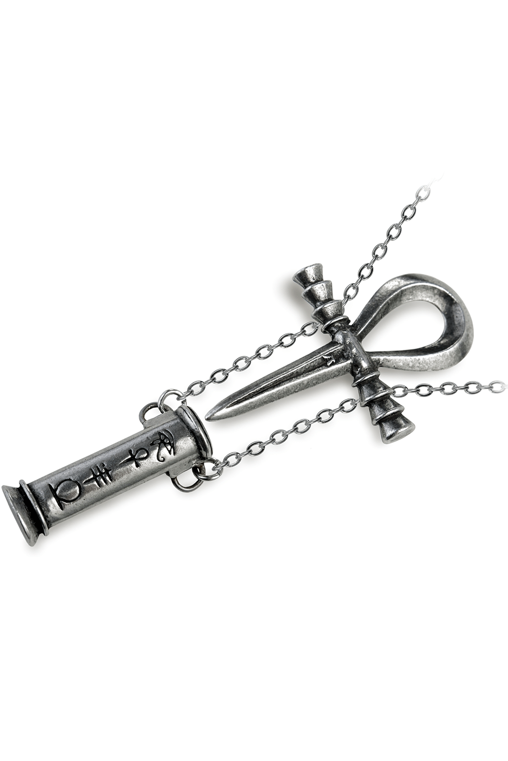 Ankh pendant with dagger and Egyptian symbols, featuring hieroglyphs, Eye of Horus, and Djed Pillar.