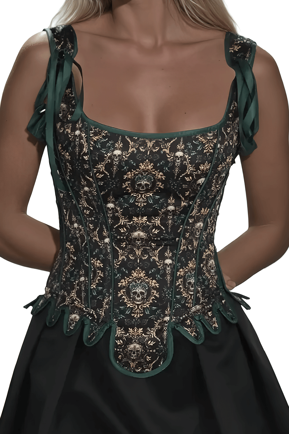 Annistyn Skull Overbust Gothic Corset with intricate patterns and satin fabric, perfect for a bold gothic style.
