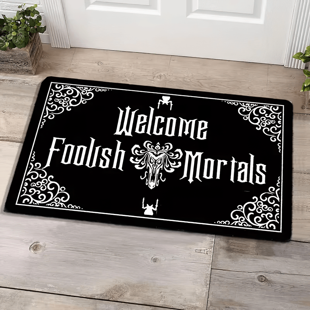 Anti-slip Smoke Gothic Floor Mat for Home Decor with skull and 'Welcome Foolish Mortals' design.
