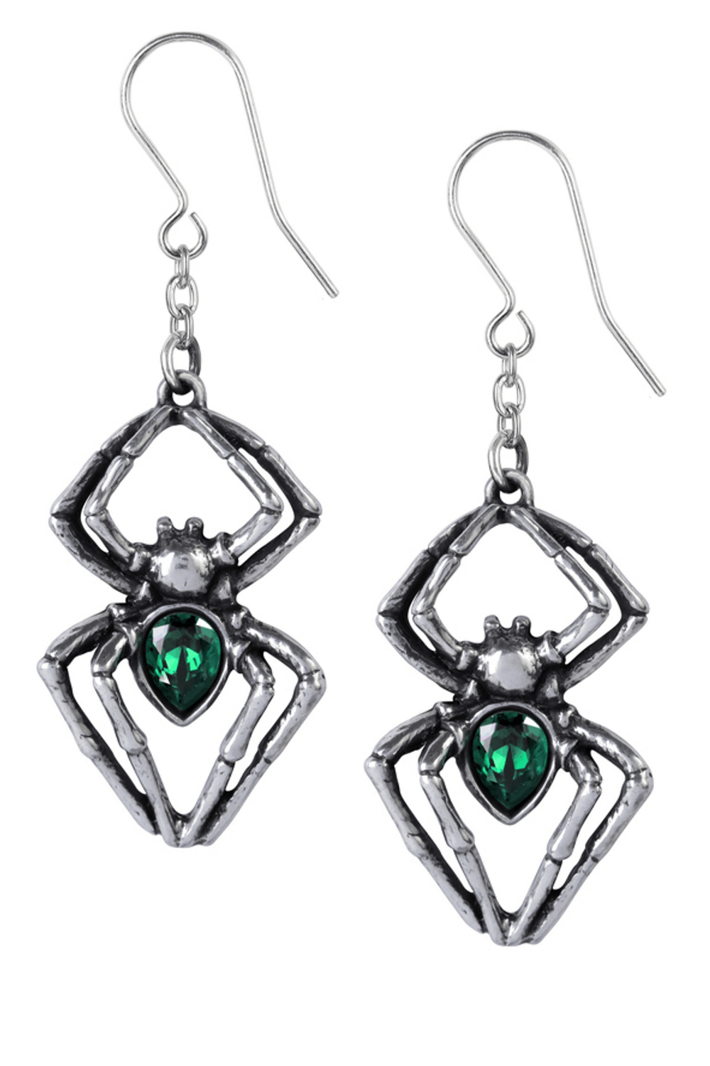 Antique pewter spider earrings with green Austrian crystals, perfect for gothic style and bold fashion.
