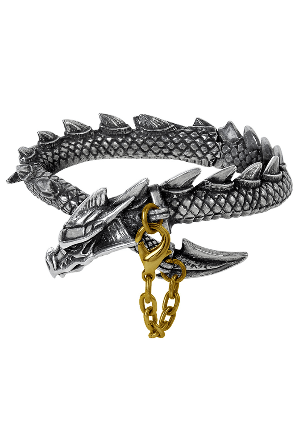 Antiqued pewter dragon bracelet with brass safety chain, featuring detailed spined dragon design.